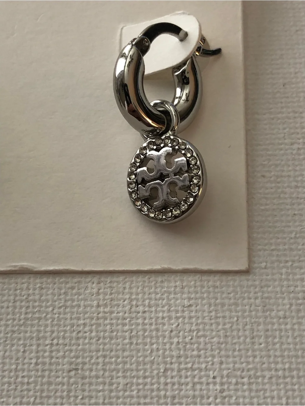 Tory Burch Silver-Tone Logo Drop Hoop Earrings with Crystal Halo